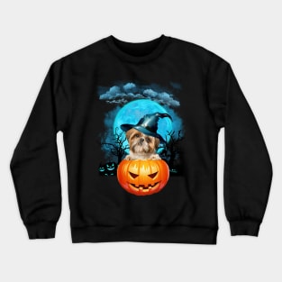 Shih Tzu Witch Hat Pumpkin And Blue Moon Halloween Crewneck Sweatshirt